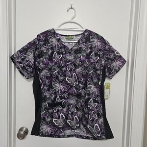Green Town V-Neck Scrub Top - Purple Butterflies XL NWT